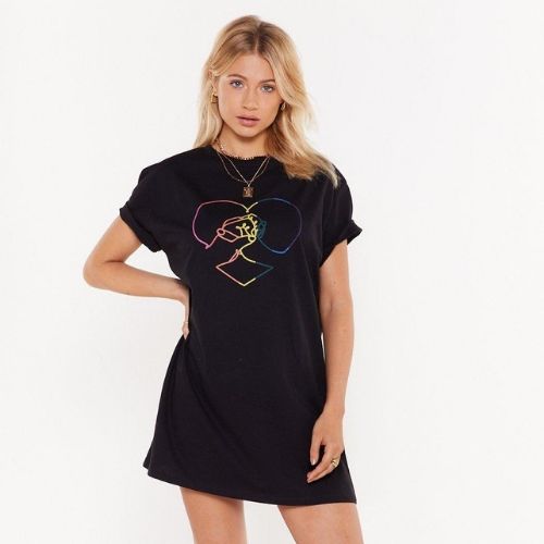black t-shirt dress with two rainbow hands holding each other from Nasty Gal 