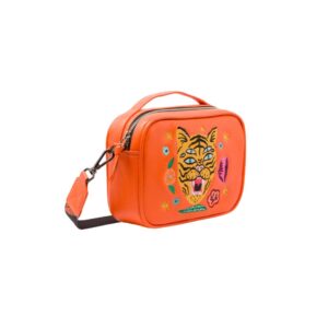 Verto Crossbody Vermillion Orange Leather Handbag - Tiger and Flowers Embroidery