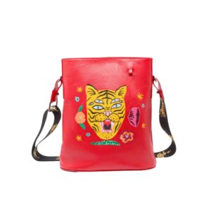 Vincent Jester Red Leather Shoulder Bag - Happy Tiger Embroidery